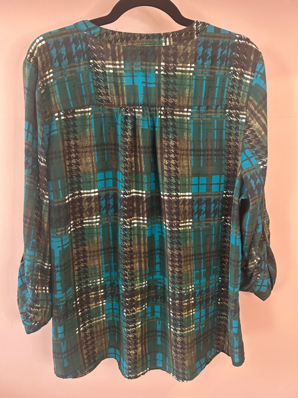 NY Collection Teal and Olive Plaid Button-Front Blouse - Picture 4 of 5